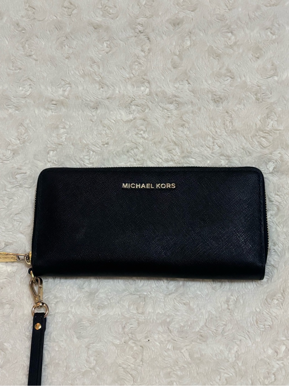 Michael Kors Black Saffiano Zip-Around Wristlet Wallet with Gold Hardware